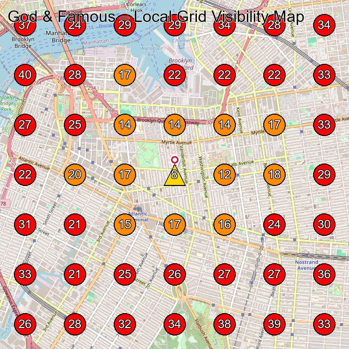 God & Famous GeoGrid visibility map for Clothing Store in Brooklyn
